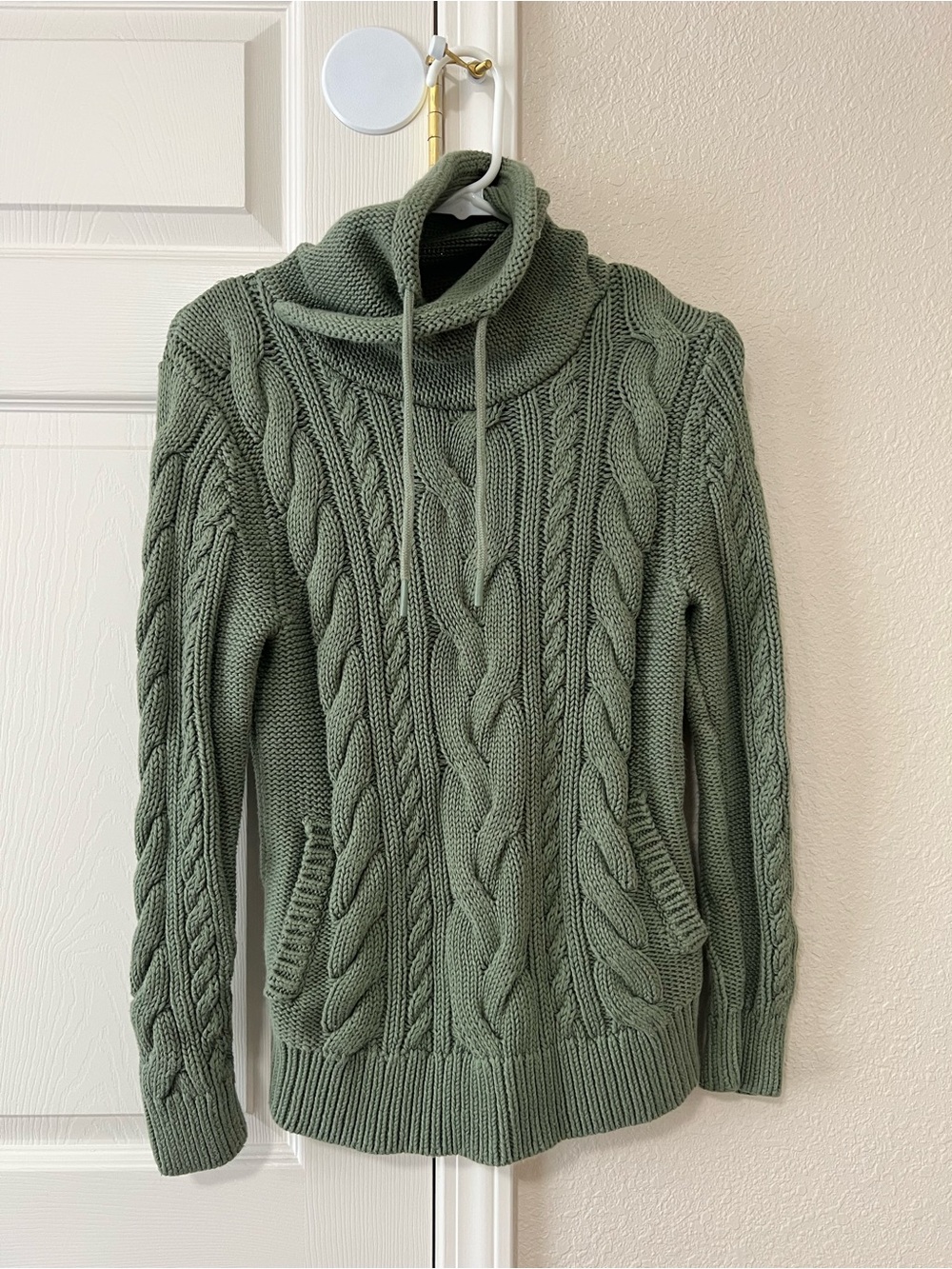 L.L.Bean Sage Green Cable Knit Cowl Neck Sweater XS Petite 100% Cotton 514820